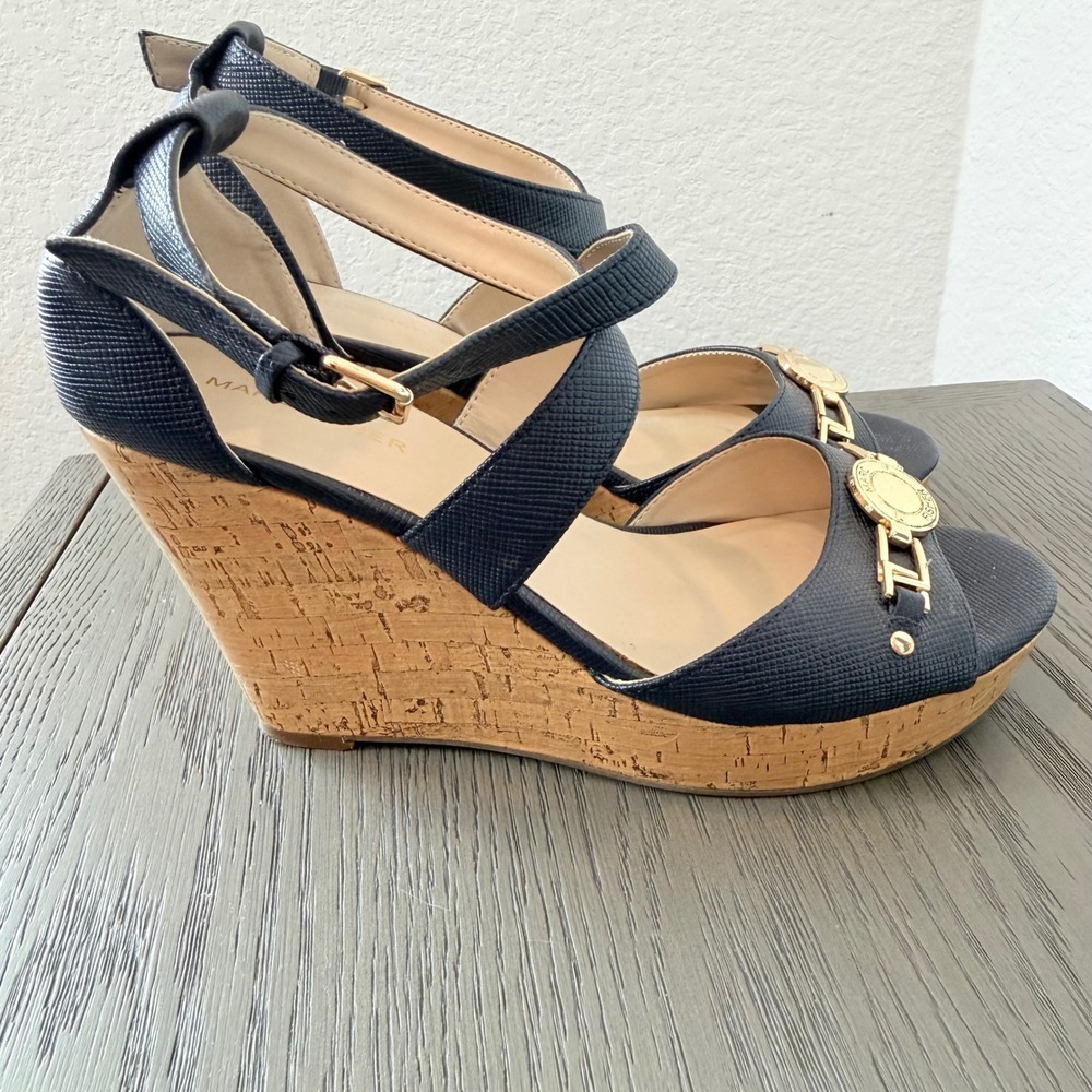 Marc‎ Fisher Brantor Navy Blue Cork Wedge Sandals Gold Logo Medallion 10M